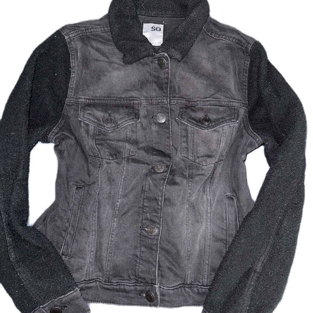 SO Black Mixed-Media Jean Jacket with Knit Sleeves
